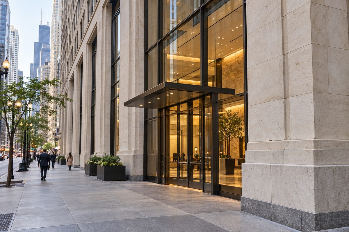Exterior building entrance at 400 South LaSalle Street in the Chicago Loop