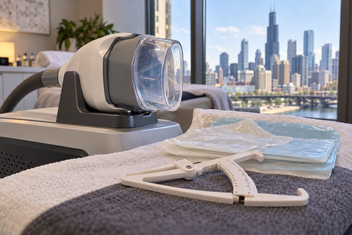 Cryolipolysis body contouring vacuum cup applicator on equipment stand