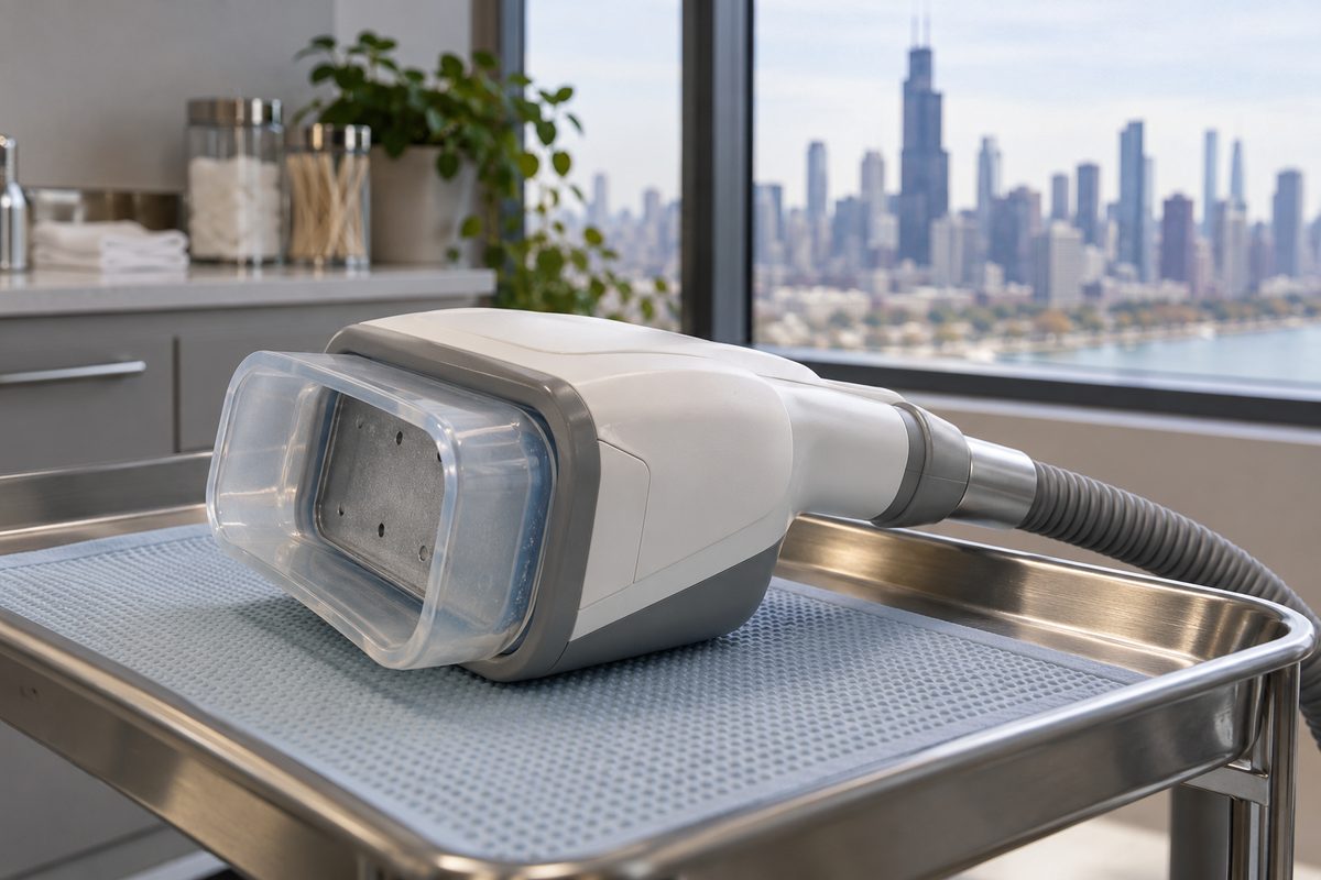 Precision cryolipolysis contouring applicator on sterile studio tray