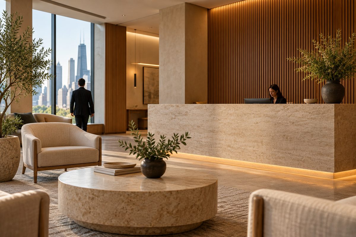 Minimalist studio reception lounge at 400 South LaSalle Street Chicago