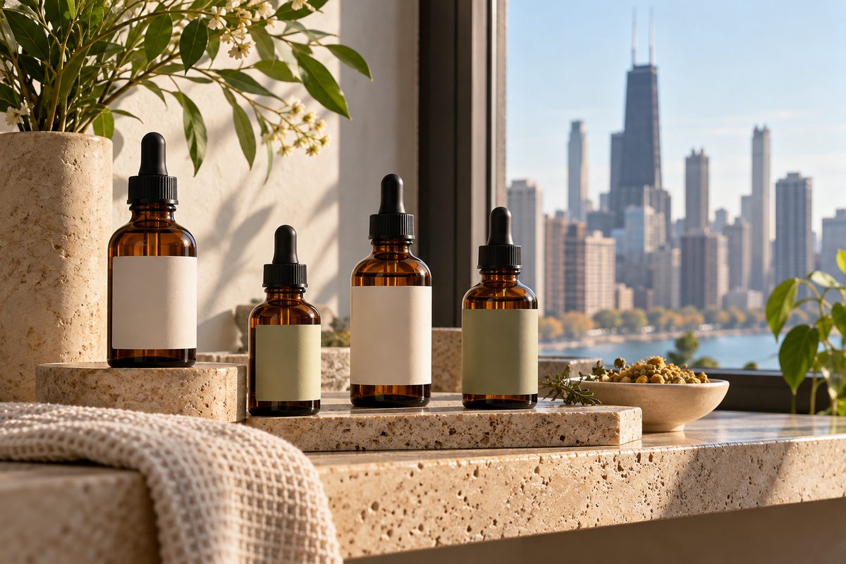 Professional cosmetic skincare serums and topical formulas on stone shelf